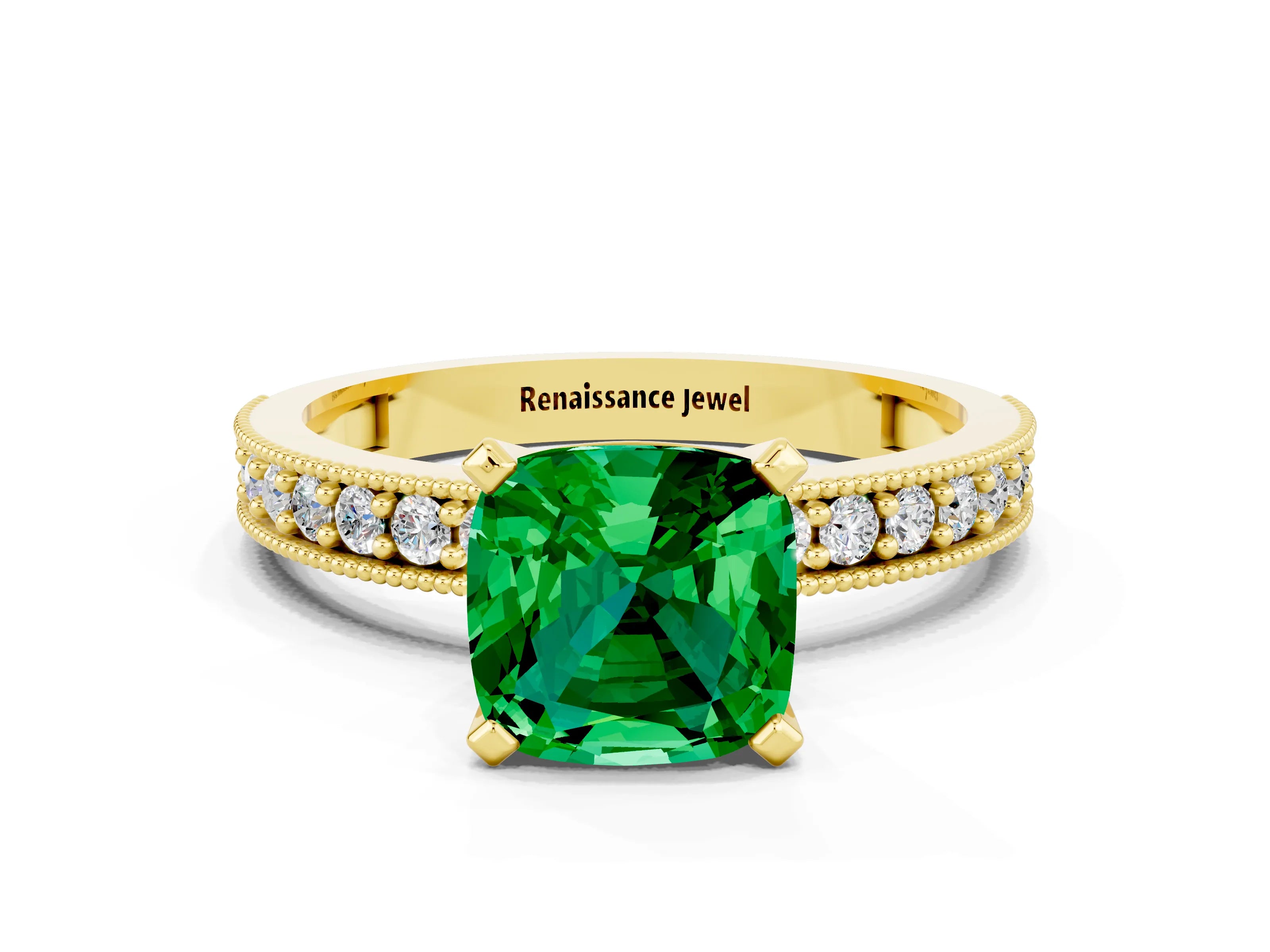 Yellow gold Cushion Cut Emerald Milgrain Pavé Engagement Ring with Four-Prong Setting_12