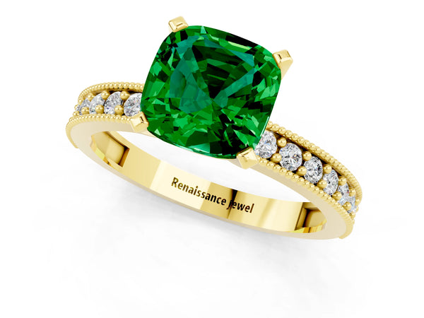 Yellow gold Cushion Cut Emerald Milgrain Pavé Engagement Ring with Four-Prong Setting