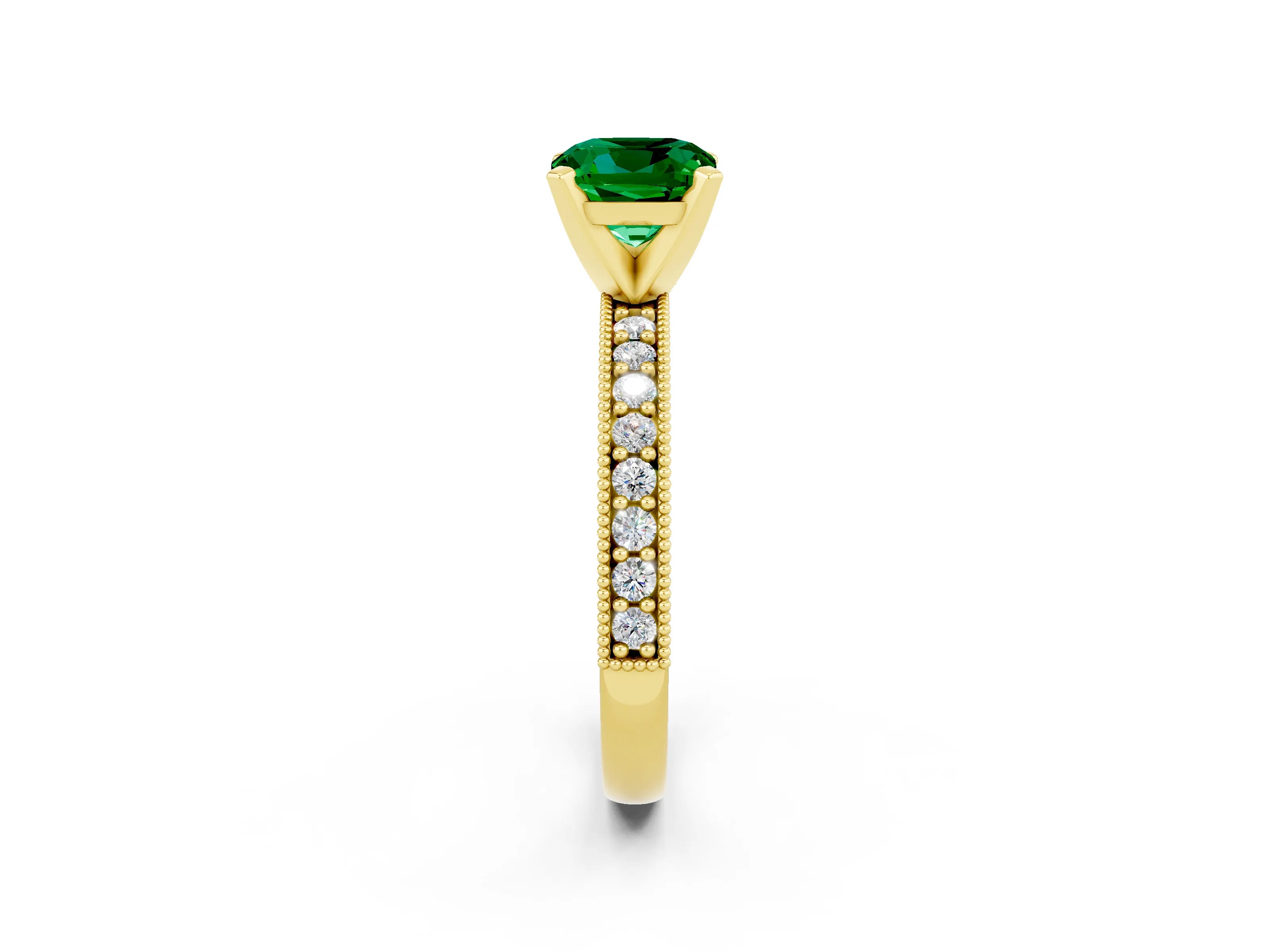 Yellow gold Cushion Cut Emerald Milgrain Pavé Engagement Ring with Four-Prong Setting_14