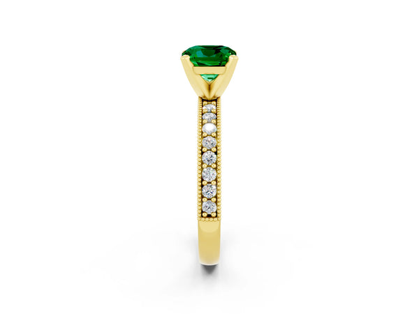 Yellow gold Cushion Cut Emerald Milgrain Pavé Engagement Ring with Four-Prong Setting