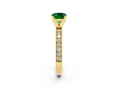Yellow gold Cushion Cut Emerald Milgrain Pavé Engagement Ring with Four-Prong Setting_14