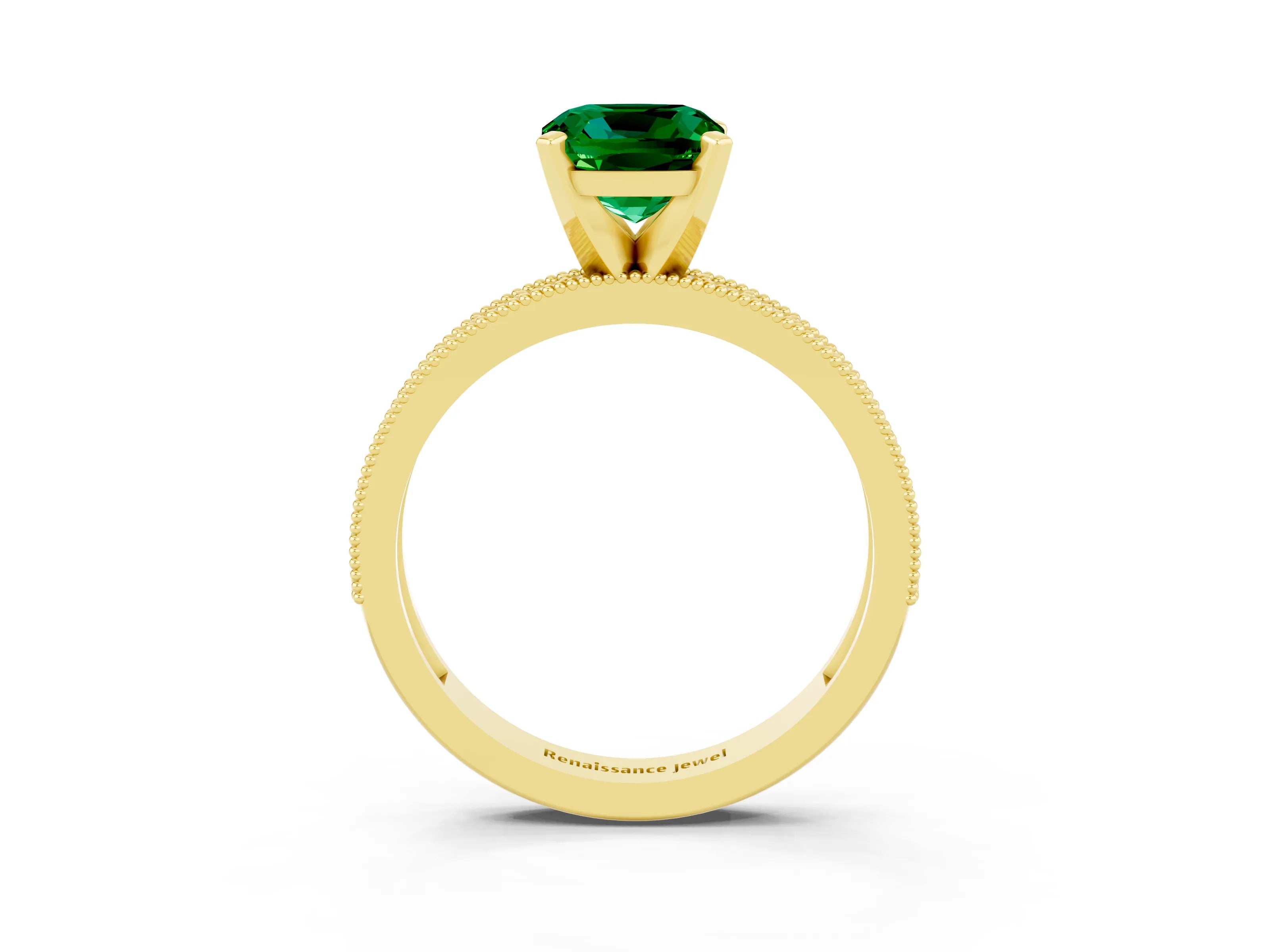 Yellow gold Cushion Cut Emerald Milgrain Pavé Engagement Ring with Four-Prong Setting_15