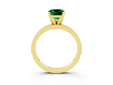 Yellow gold Cushion Cut Emerald Milgrain Pavé Engagement Ring with Four-Prong Setting_15