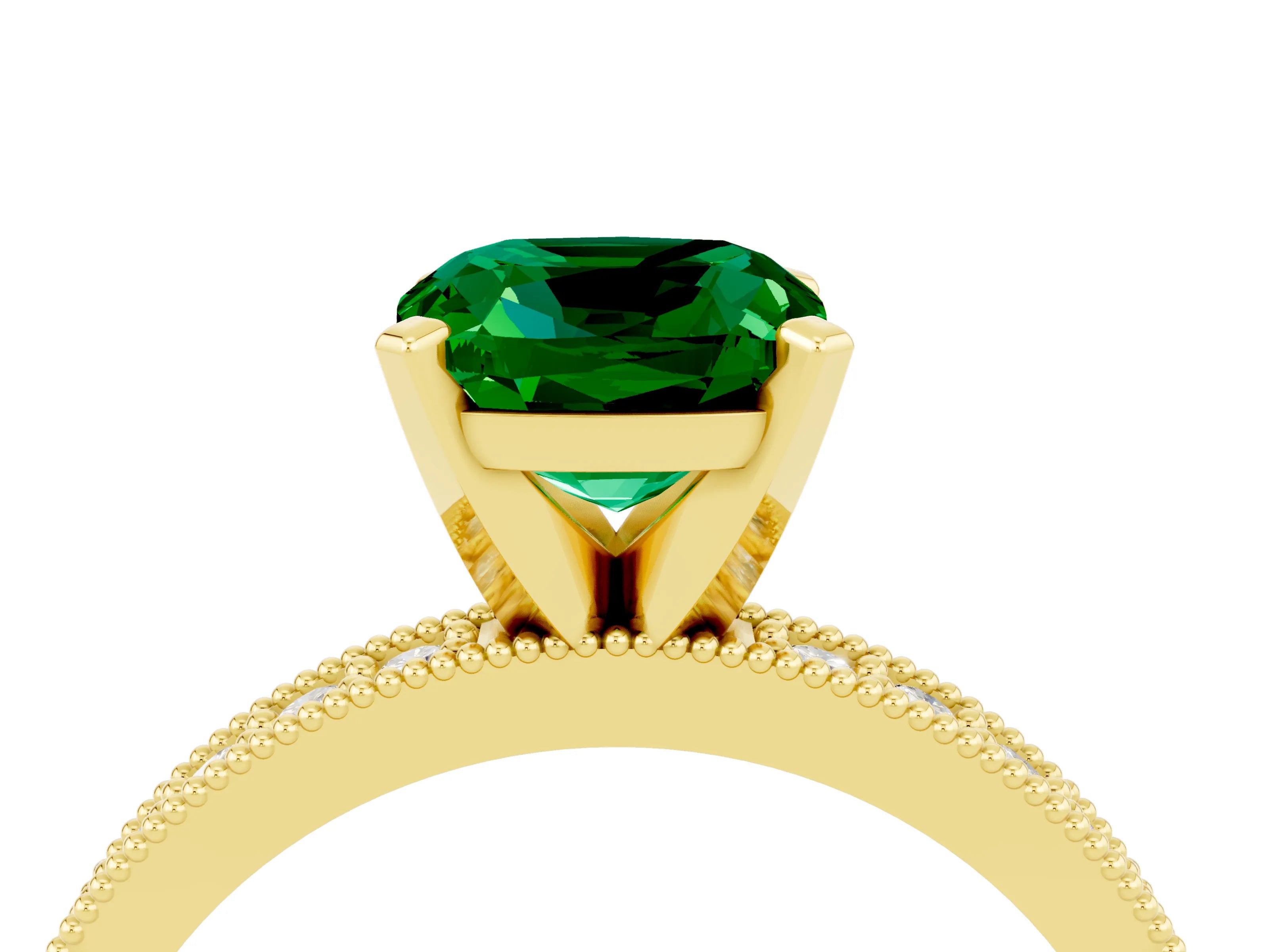 Yellow gold Cushion Cut Emerald Milgrain Pavé Engagement Ring with Four-Prong Setting_16