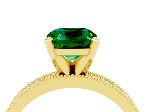 Yellow gold Cushion Cut Emerald Milgrain Pavé Engagement Ring with Four-Prong Setting_16