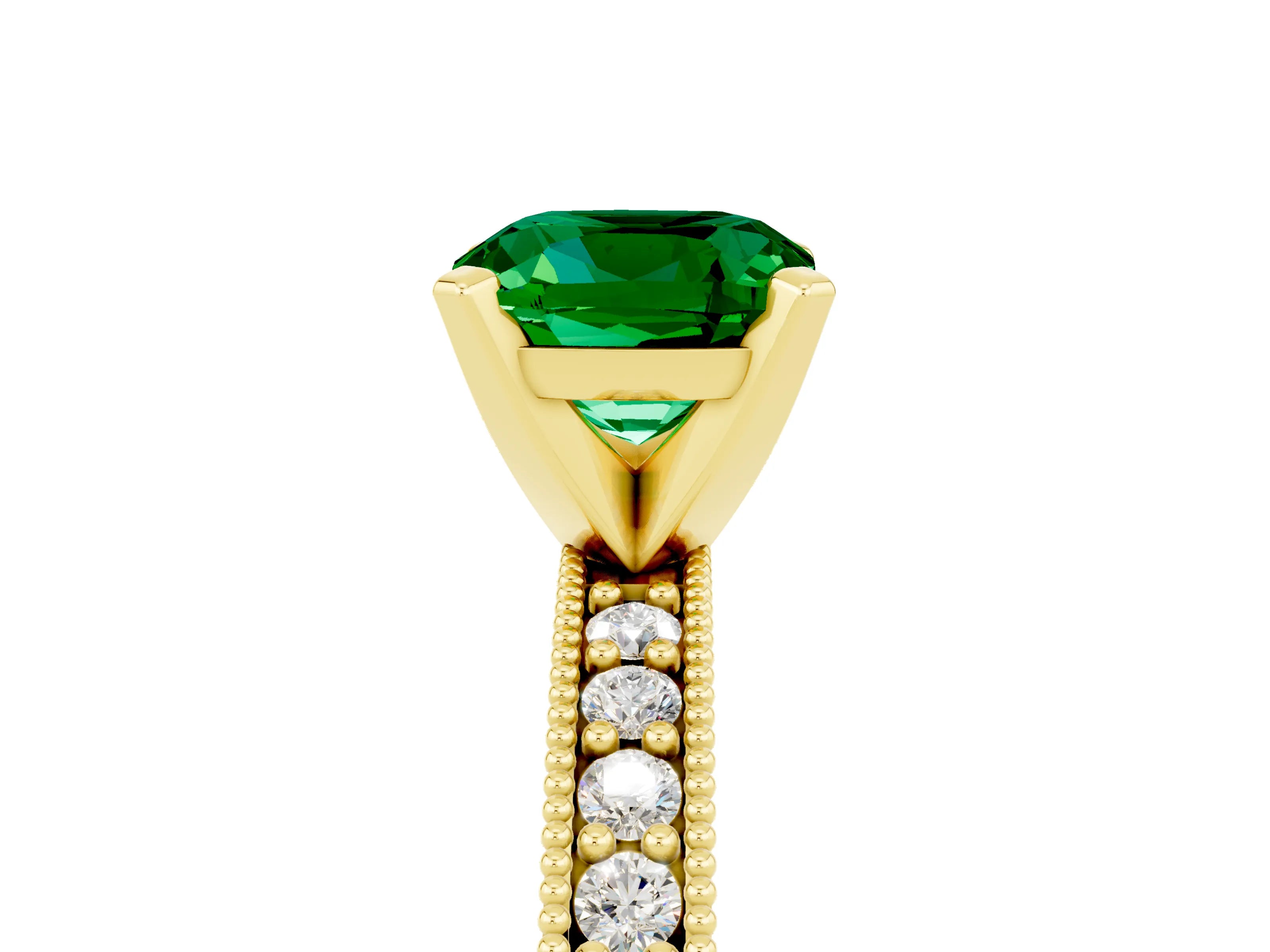 Yellow gold Cushion Cut Emerald Milgrain Pavé Engagement Ring with Four-Prong Setting_17