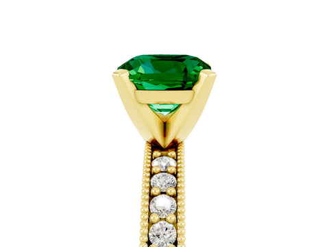 Yellow gold Cushion Cut Emerald Milgrain Pavé Engagement Ring with Four-Prong Setting_17