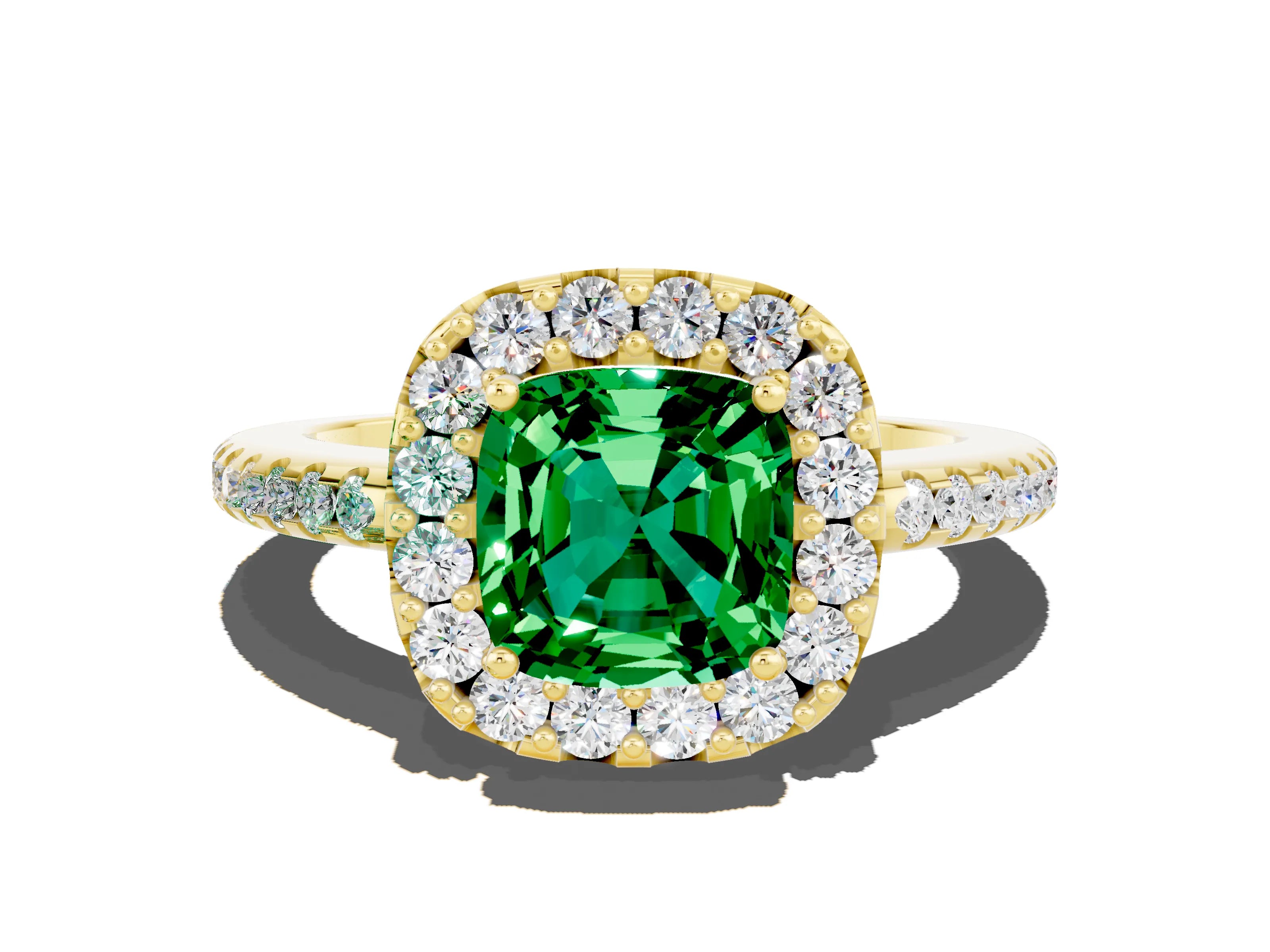 Yellow gold Cushion Cut Emerald Pavé Halo Ring with Four-Prong Setting_12