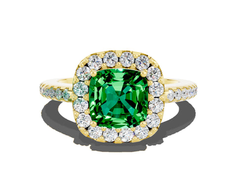 Yellow gold Cushion Cut Emerald Pavé Halo Ring with Four-Prong Setting_12