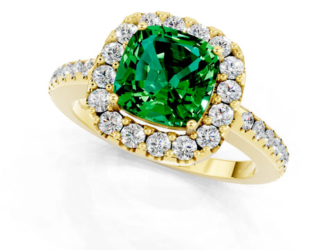 Yellow gold Cushion Cut Emerald Pavé Halo Ring with Four-Prong Setting_13
