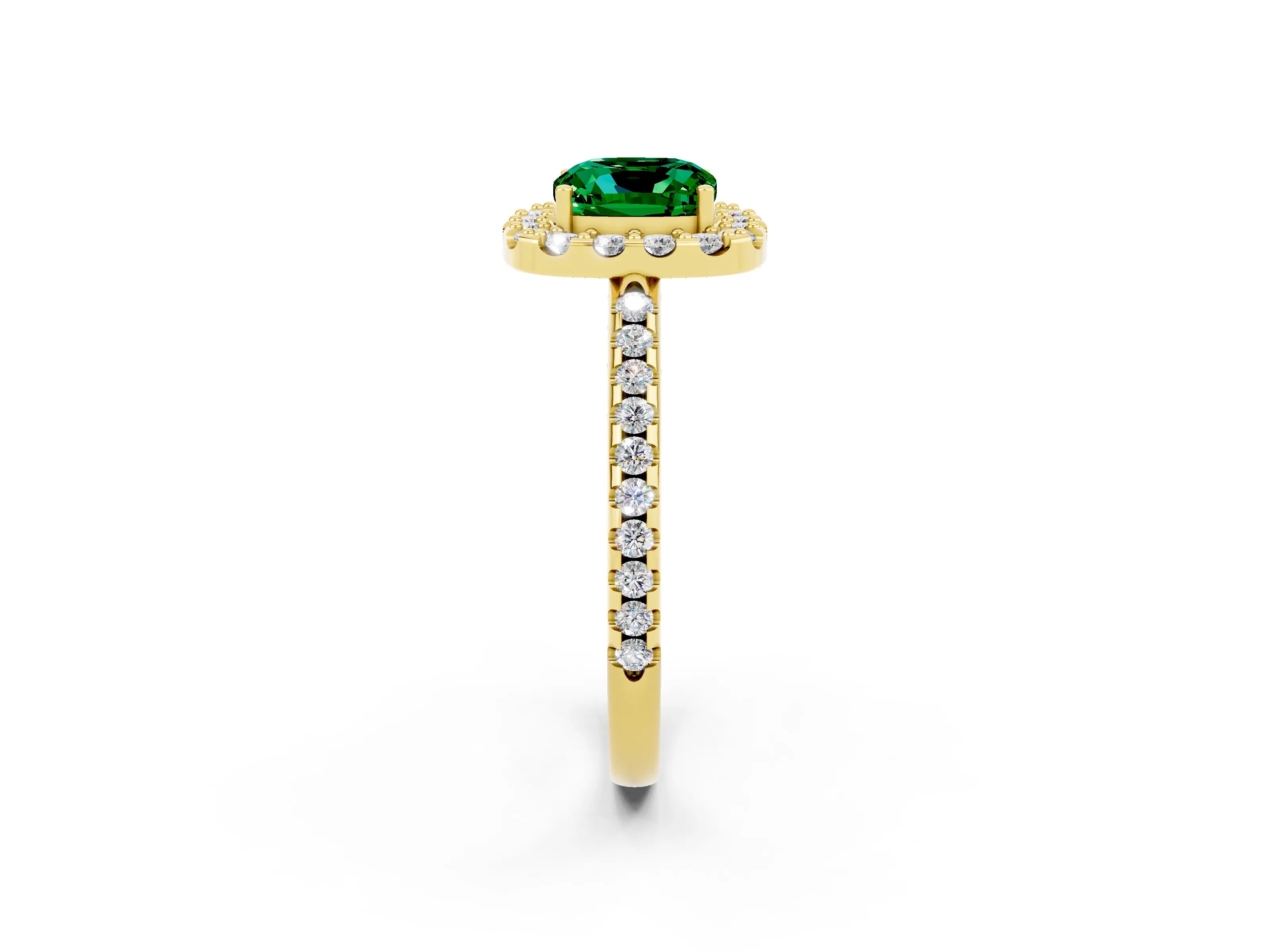 Yellow gold Cushion Cut Emerald Pavé Halo Ring with Four-Prong Setting_14
