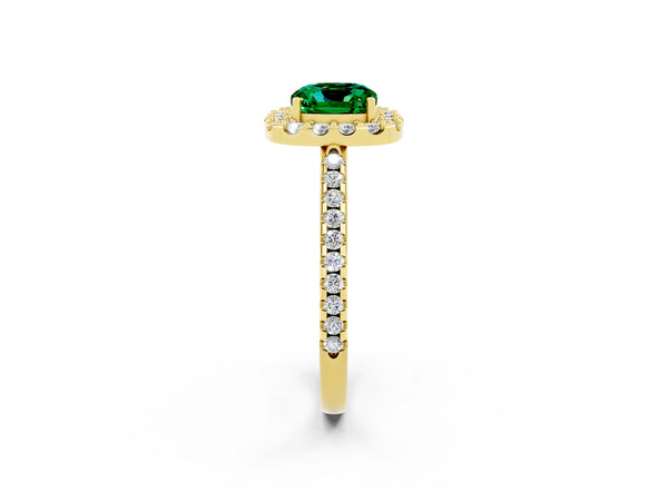Yellow gold Cushion Cut Emerald Pavé Halo Ring with Four-Prong Setting