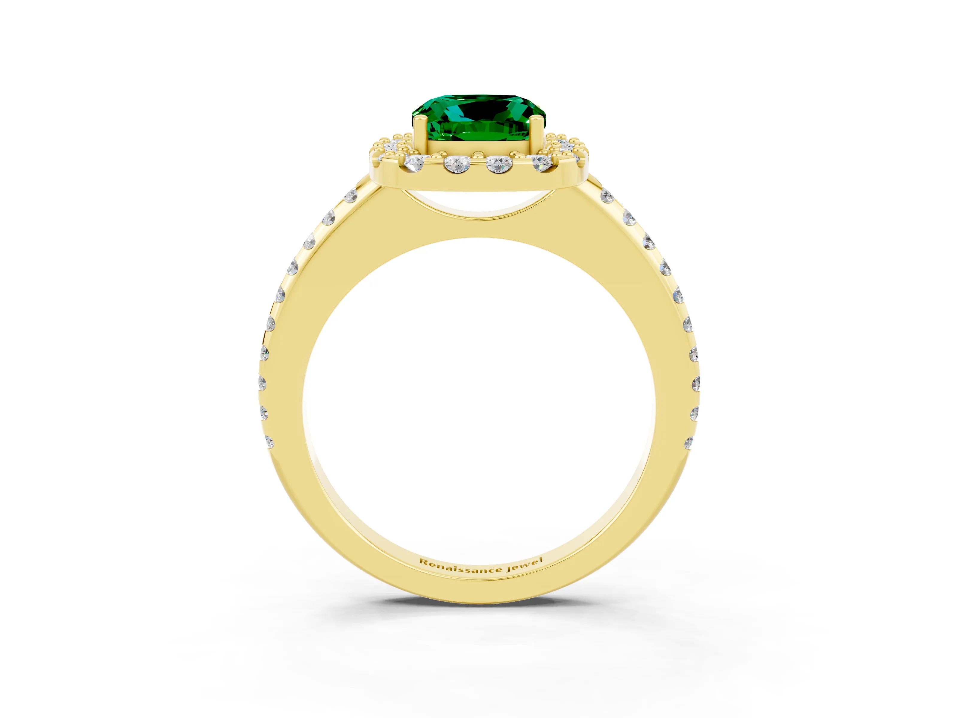 Yellow gold Cushion Cut Emerald Pavé Halo Ring with Four-Prong Setting_15