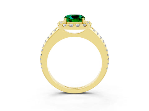 Yellow gold Cushion Cut Emerald Pavé Halo Ring with Four-Prong Setting_15
