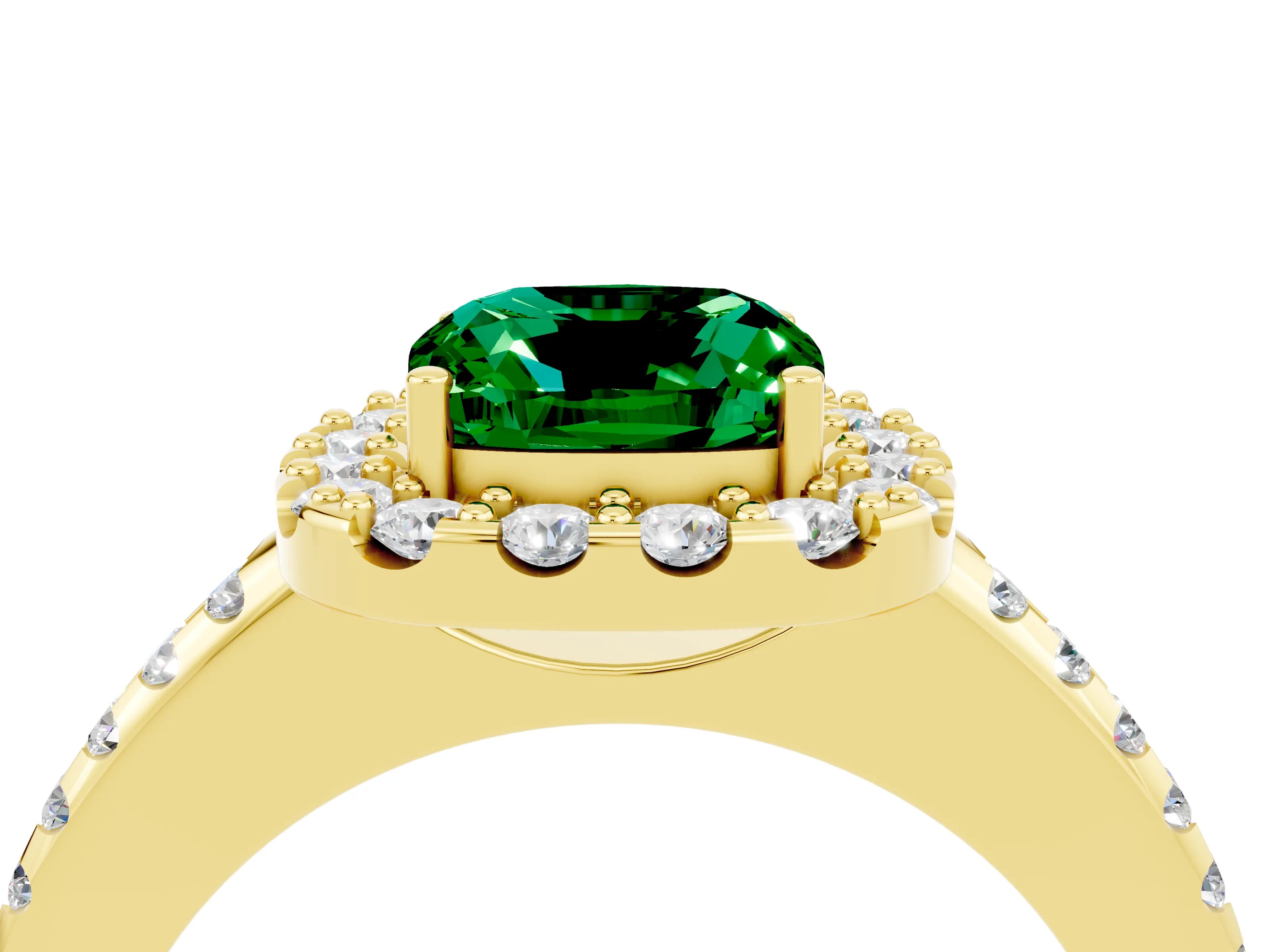 Yellow gold Cushion Cut Emerald Pavé Halo Ring with Four-Prong Setting_16