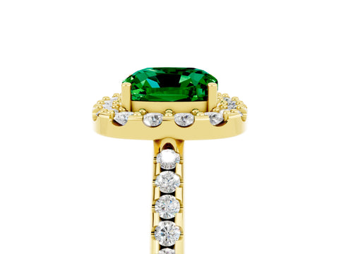 Yellow gold Cushion Cut Emerald Pavé Halo Ring with Four-Prong Setting_17