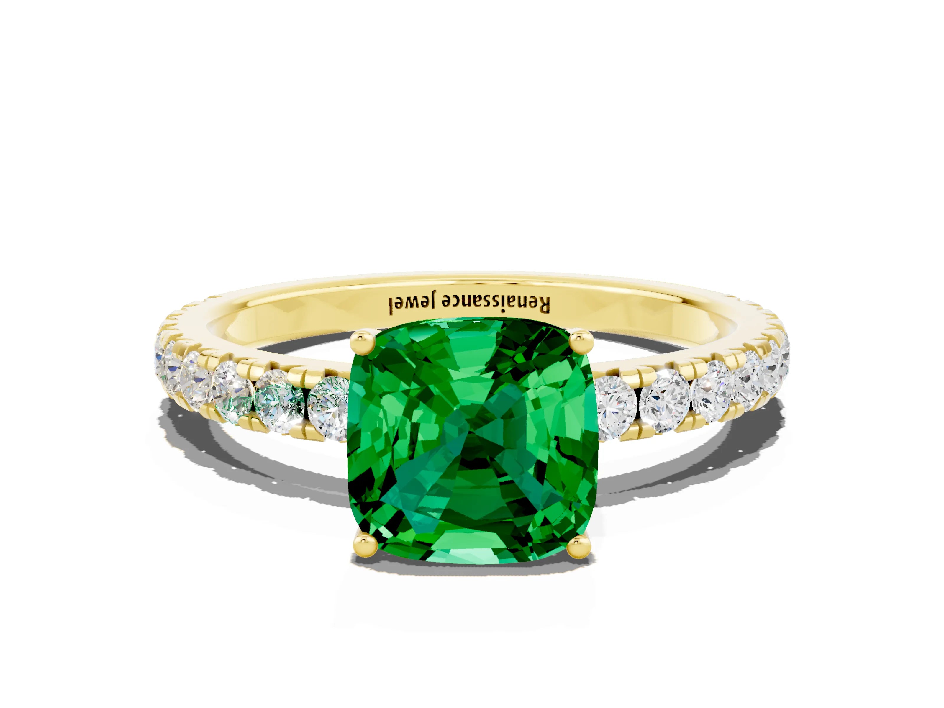 Yellow gold Cushion Cut Emerald Pavé Solitaire Engagement Ring with Four-Prong Setting_12