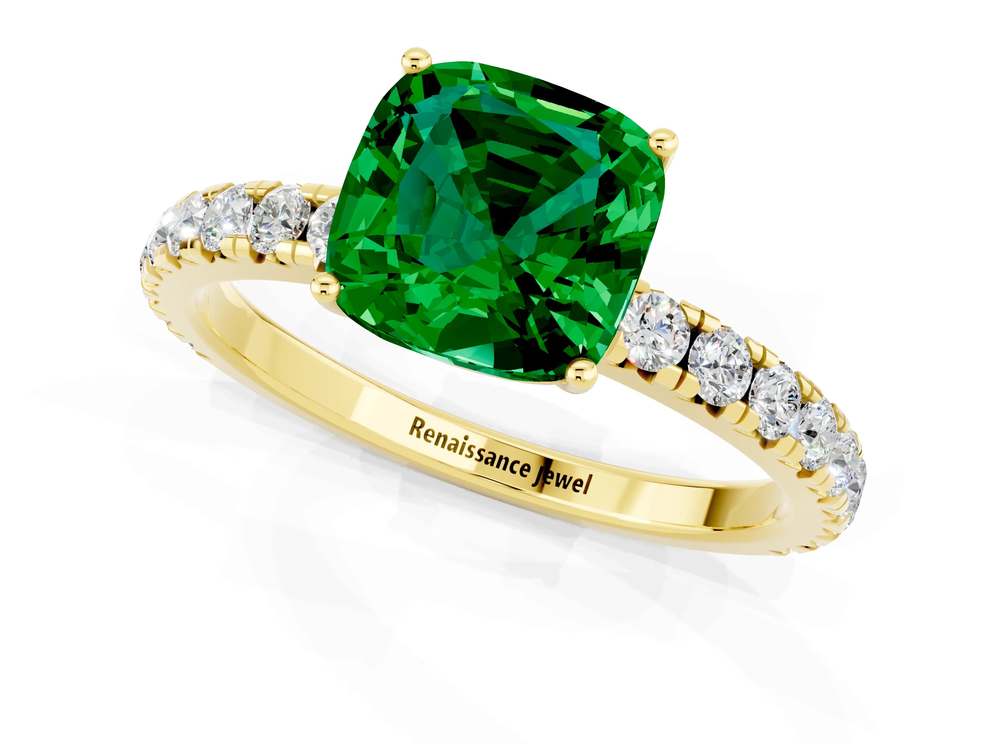 Yellow gold Cushion Cut Emerald Pavé Solitaire Engagement Ring with Four-Prong Setting_13