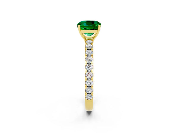Yellow gold Cushion Cut Emerald Pavé Solitaire Engagement Ring with Four-Prong Setting