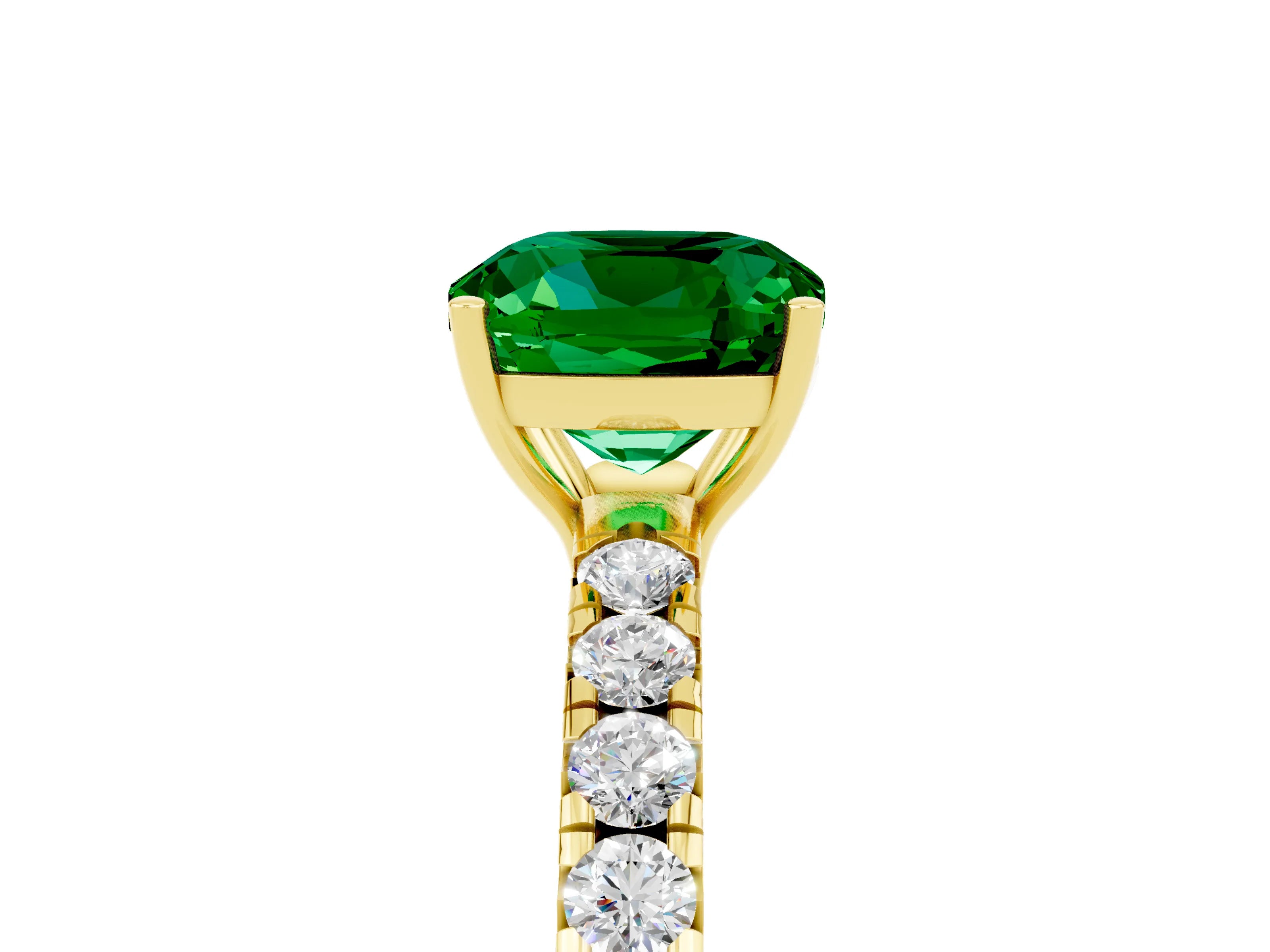 Yellow gold Cushion Cut Emerald Pavé Solitaire Engagement Ring with Four-Prong Setting_17