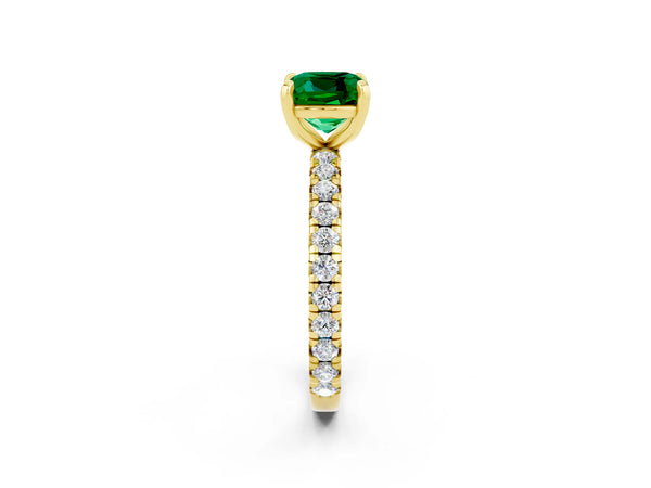 Yellow gold Cushion Cut Emerald Pavé Solitaire Ring with Round Band and Prong Setting