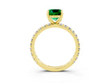 Yellow gold Cushion Cut Emerald Pavé Solitaire Ring with Round Band and Prong Setting_27