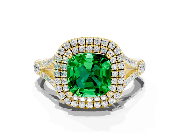 Yellow gold Cushion Cut Emerald Pavé Split Shank Double Halo Engagement Ring