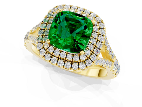 Yellow gold Cushion Cut Emerald Pavé Split Shank Double Halo Engagement Ring_1