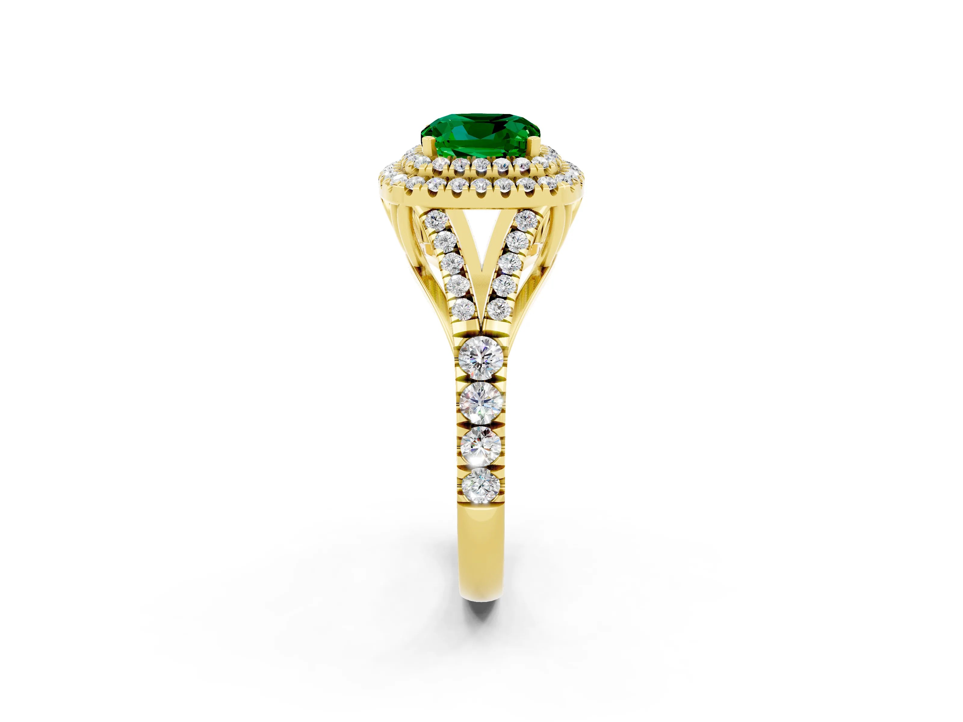 Yellow gold Cushion Cut Emerald Pavé Split Shank Double Halo Engagement Ring_2