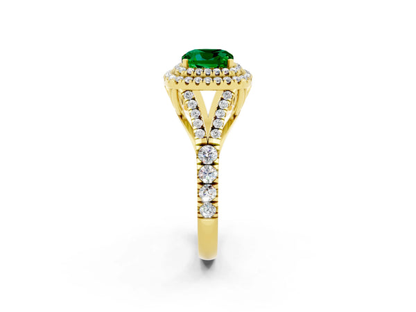 Yellow gold Cushion Cut Emerald Pavé Split Shank Double Halo Engagement Ring