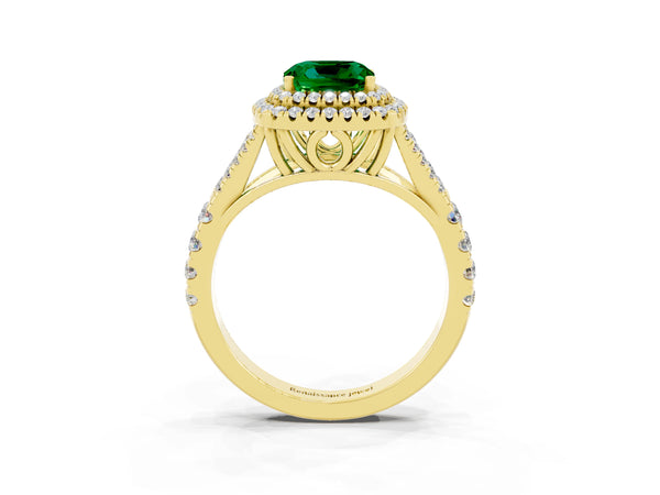 Yellow gold Cushion Cut Emerald Pavé Split Shank Double Halo Engagement Ring