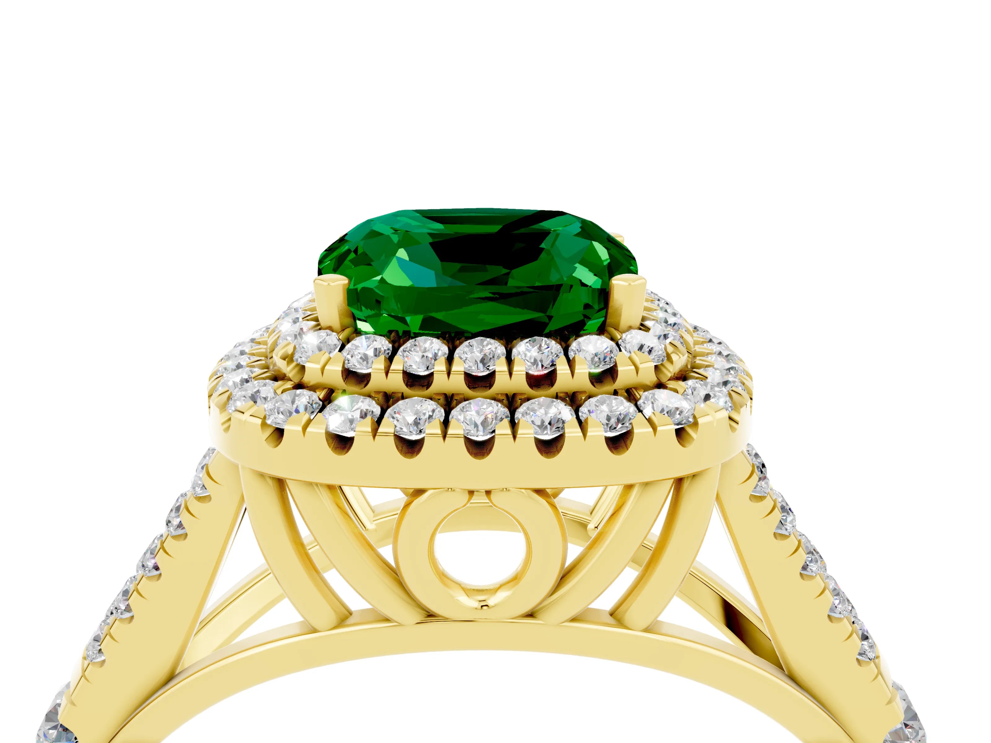 Yellow gold Cushion Cut Emerald Pavé Split Shank Double Halo Engagement Ring_4