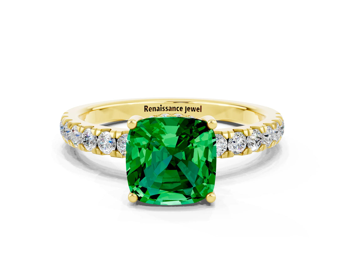 Yellow gold Cushion Cut Emerald Pave Band Solitaire Ring with Four-Prong Setting_24