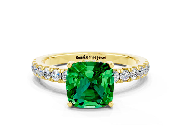 Yellow gold Cushion Cut Emerald Pave Band Solitaire Ring with Round  and Prong Setting