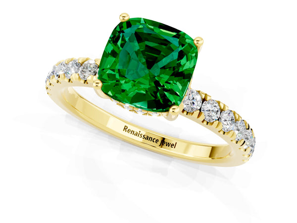 Yellow gold Cushion Cut Emerald Pave Band Solitaire Ring with Round  and Prong Setting