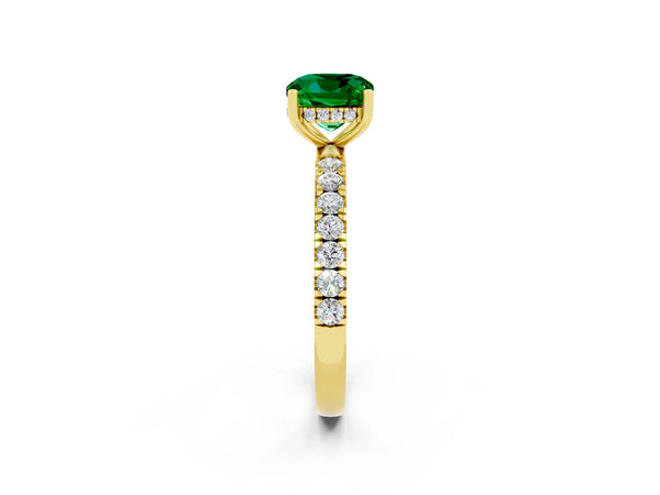 Yellow gold Cushion Cut Emerald Pave Band Solitaire Ring with Round  and Prong Setting