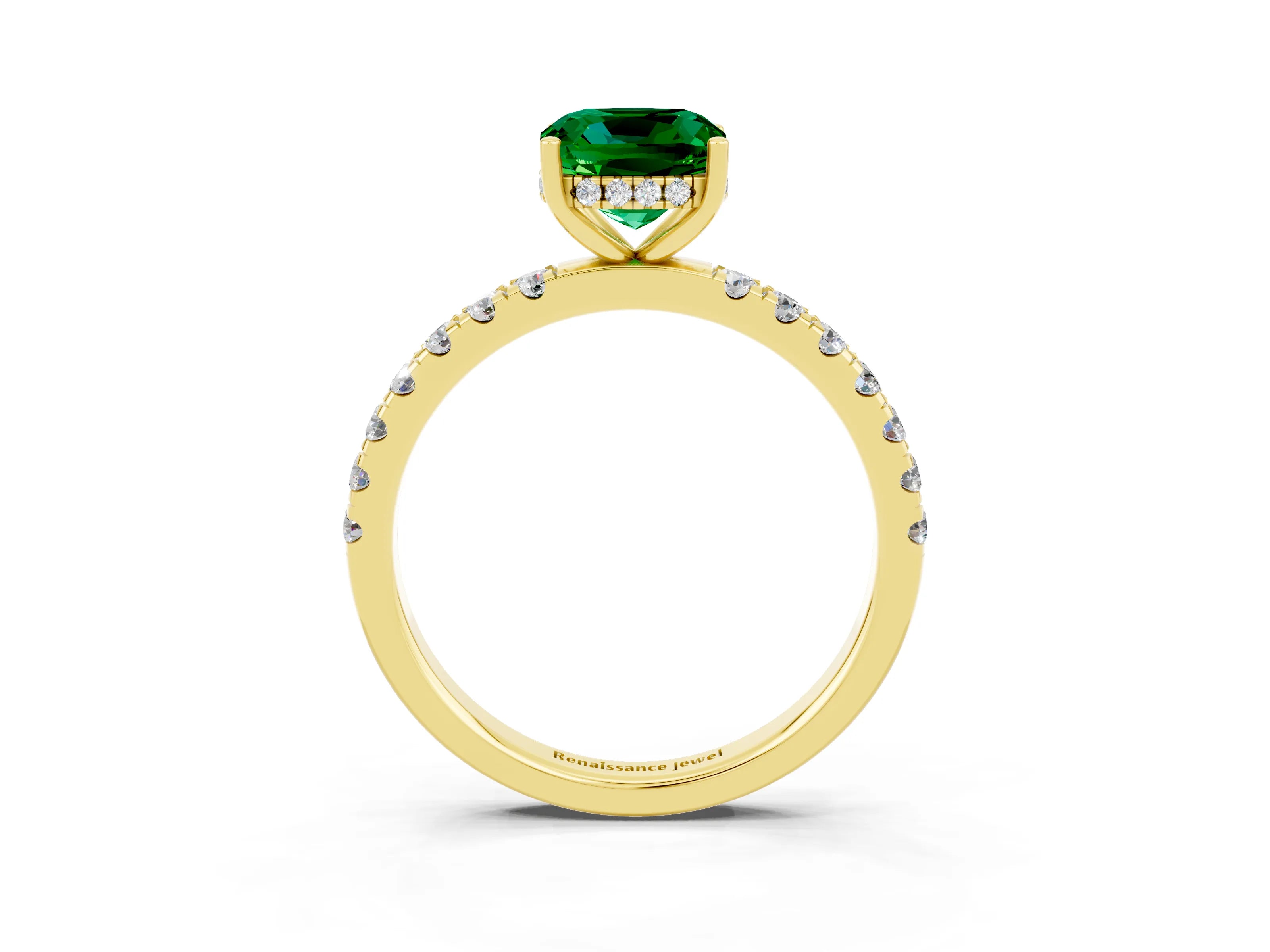 Yellow gold Cushion Cut Emerald Pave Band Solitaire Ring with Four-Prong Setting_27