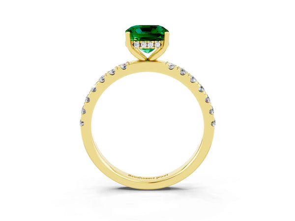 Yellow gold Cushion Cut Emerald Pave Band Solitaire Ring with Round  and Prong Setting
