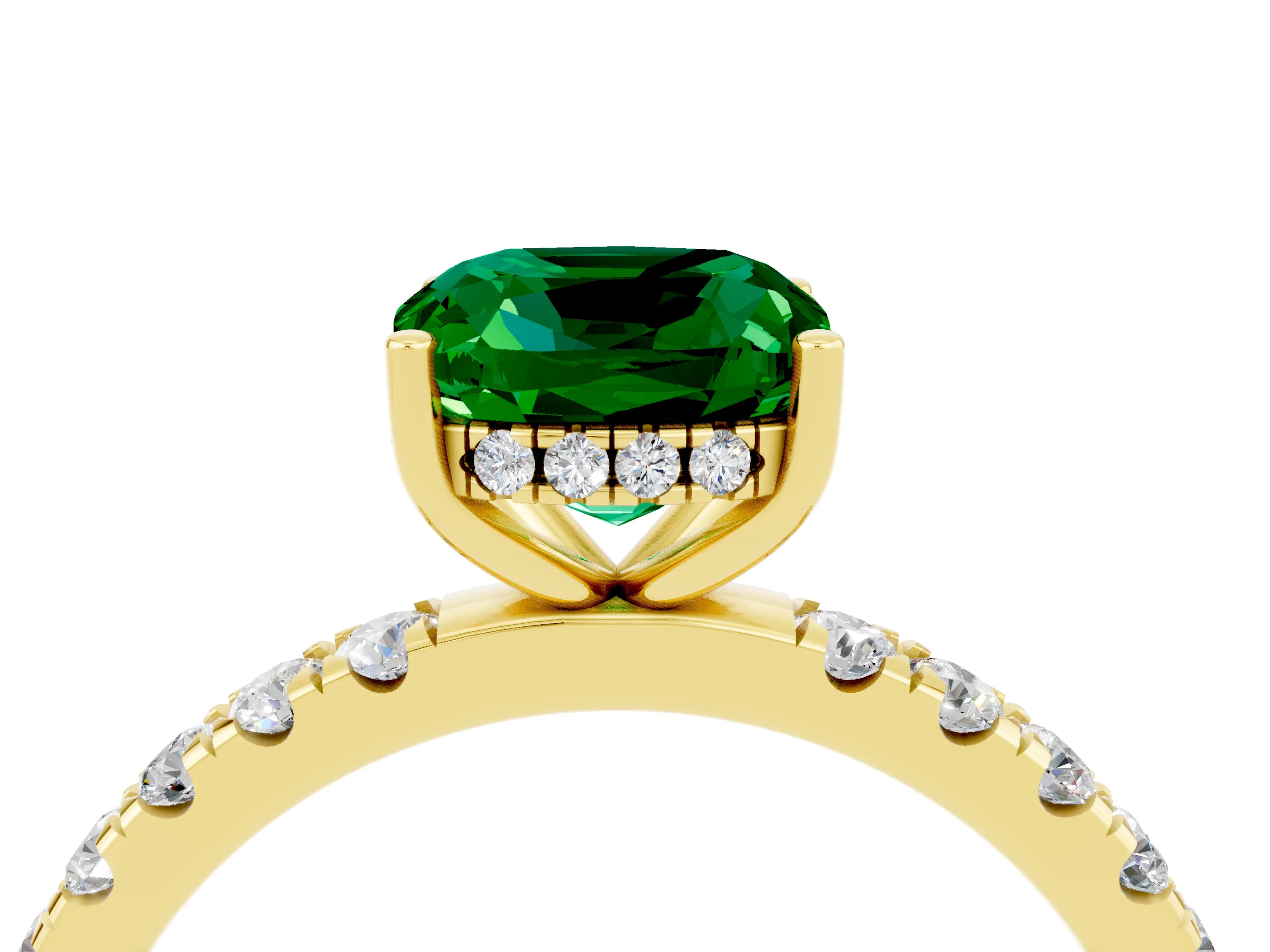 Yellow gold Cushion Cut Emerald Pave Band Solitaire Ring with Four-Prong Setting_28