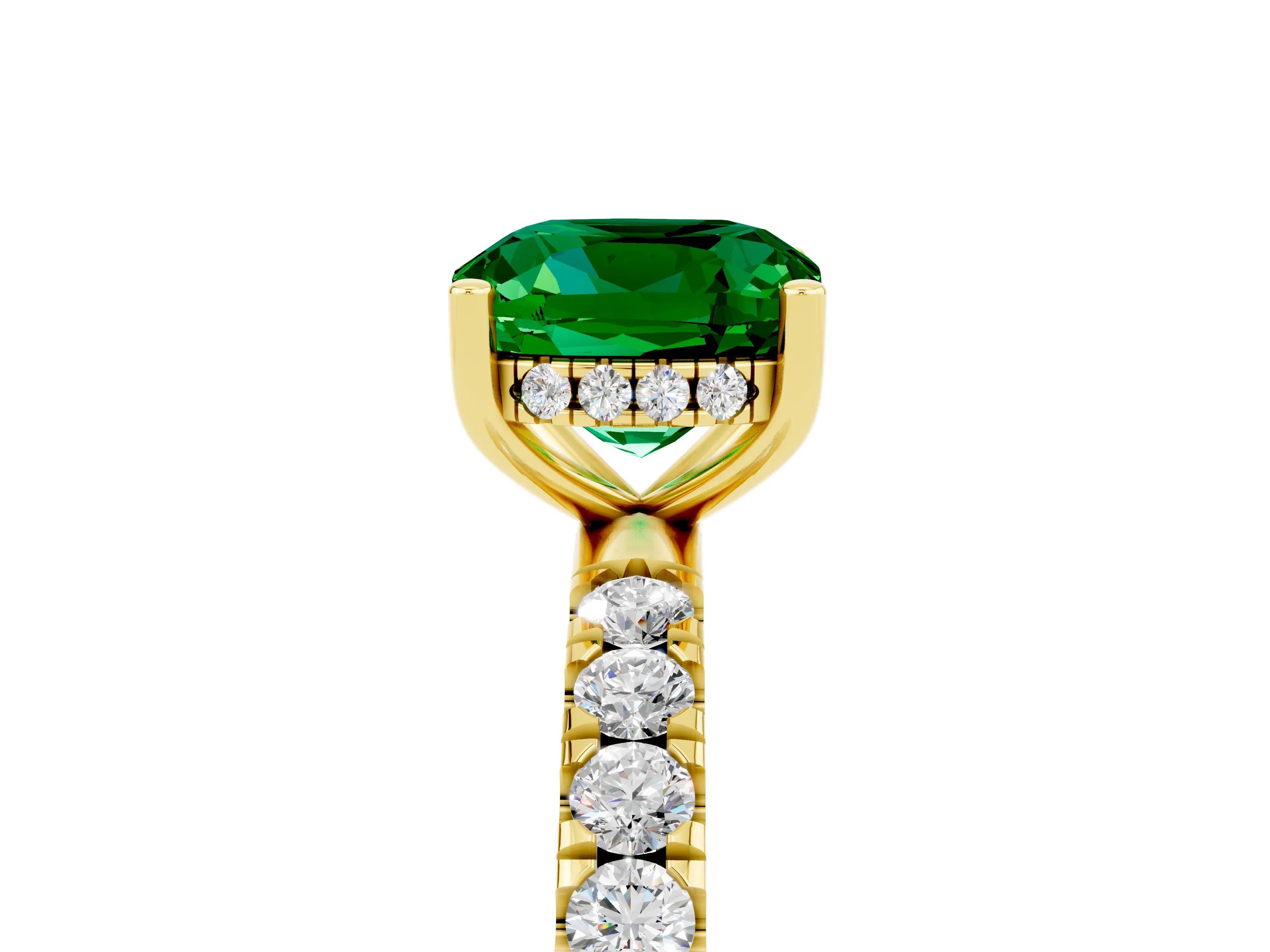 Yellow gold Cushion Cut Emerald Pave Band Solitaire Ring with Four-Prong Setting_29