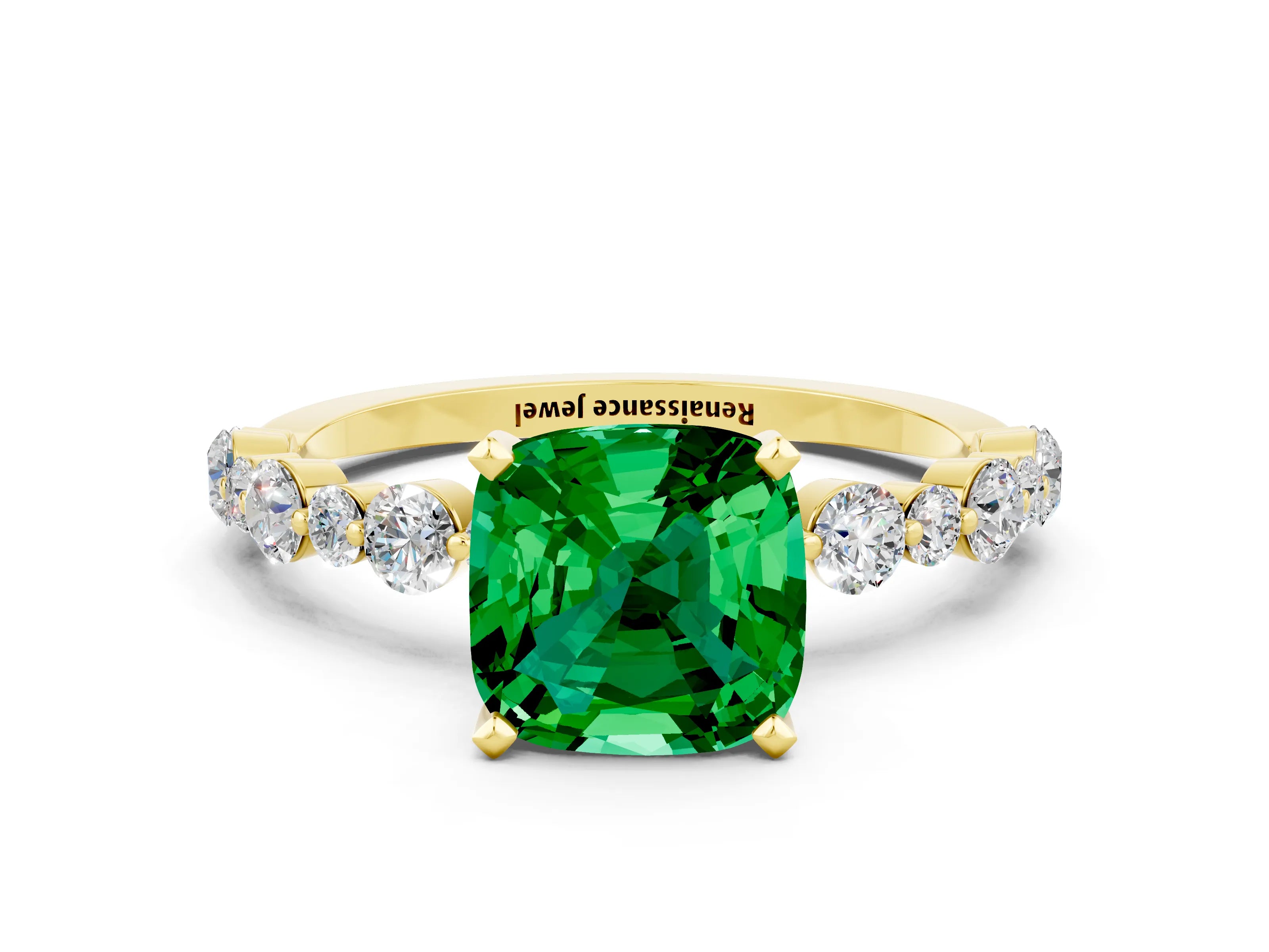 Yellow gold Cushion Cut Emerald Prong Set Engagement Ring with Pavé Band