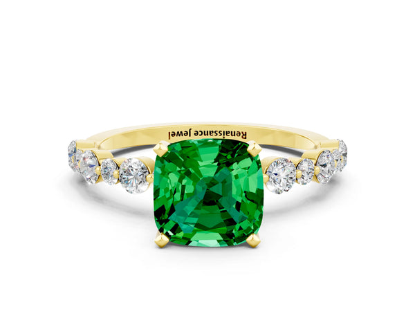 Yellow gold Cushion Cut Emerald Prong Set Engagement Ring with Pavé Band