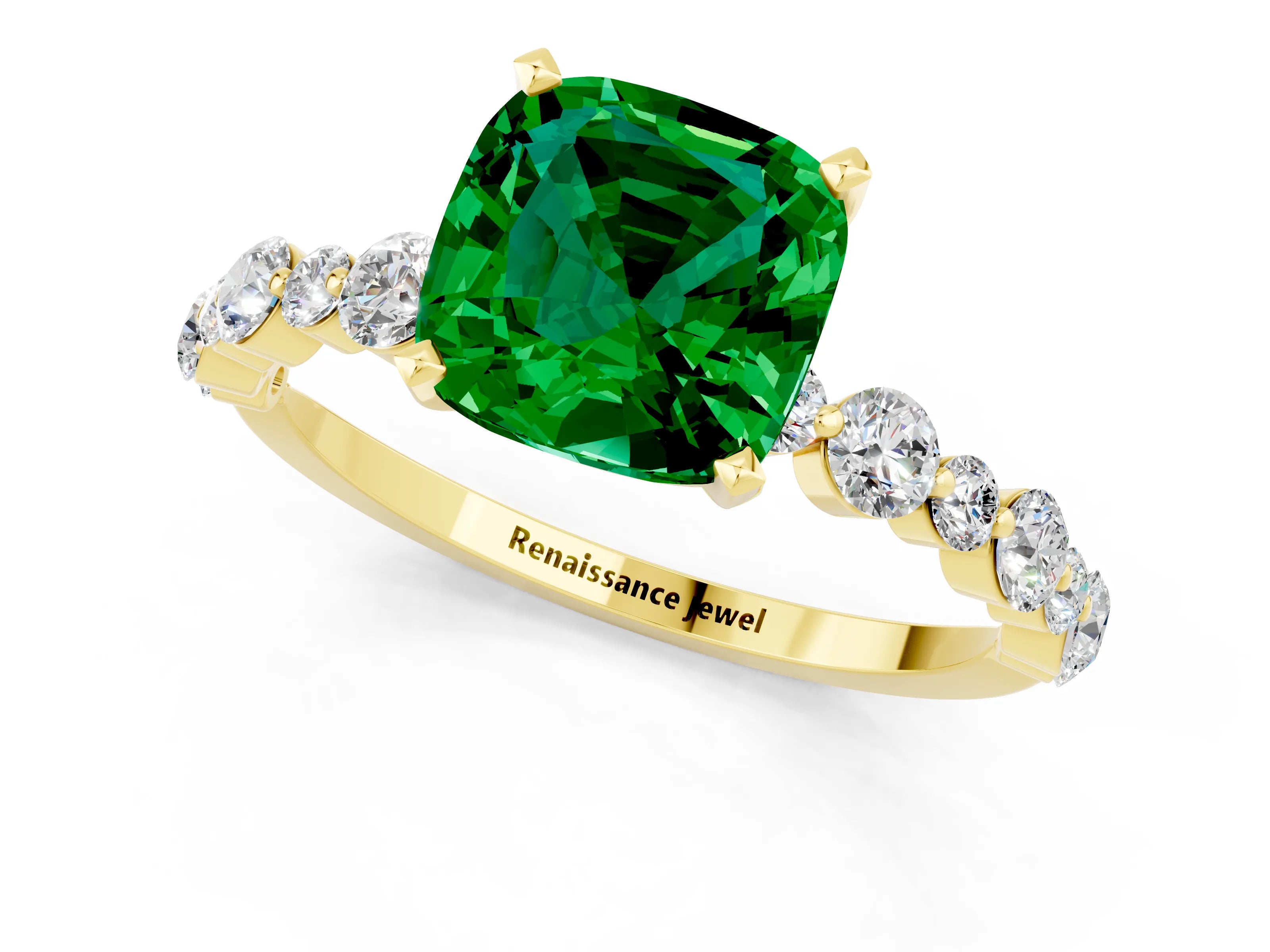 Yellow gold Cushion Cut Emerald Prong Set Engagement Ring with Pavé Band_1