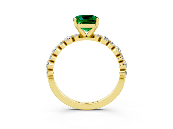 Yellow gold Cushion Cut Emerald Prong Set Engagement Ring with Pavé Band