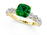 Yellow gold Cushion Cut Emerald Prong Setting with Side Stones on a Pave Band_1