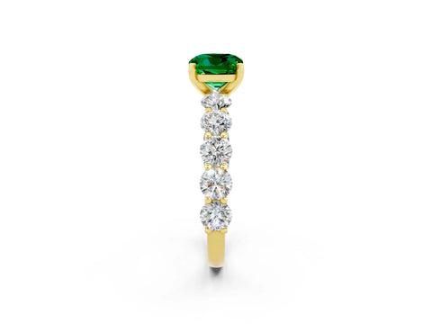 Yellow gold Cushion Cut Emerald Prong Setting with Side Stones on a Pave Band_2