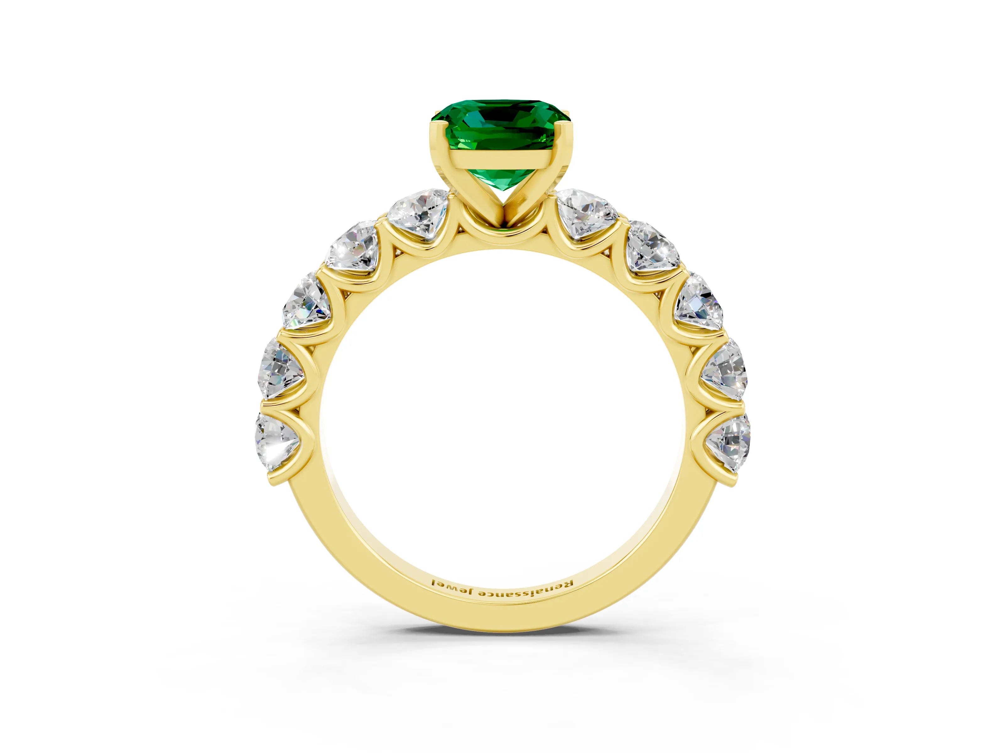 Yellow gold Cushion Cut Emerald Prong Setting with Side Stones on a Pave Band_3