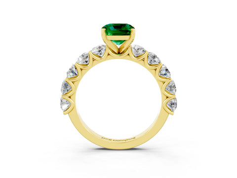 Yellow gold Cushion Cut Emerald Prong Setting with Side Stones on a Pave Band_3