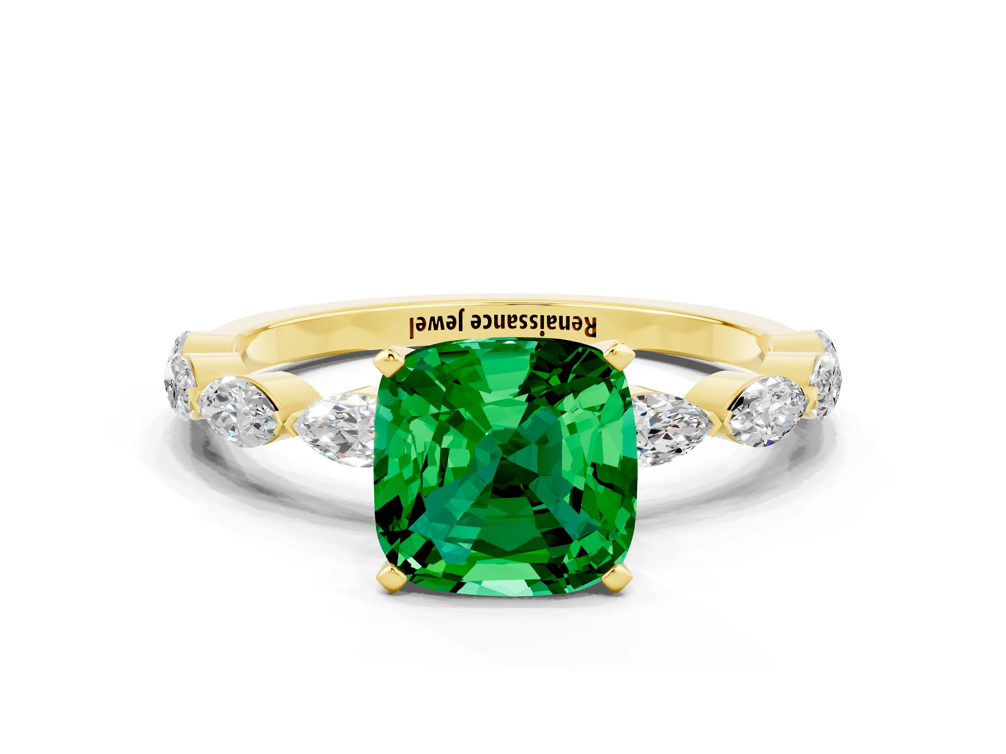Yellow gold Cushion Cut Emerald Ring with Marquise Side Stones and Prong Setting