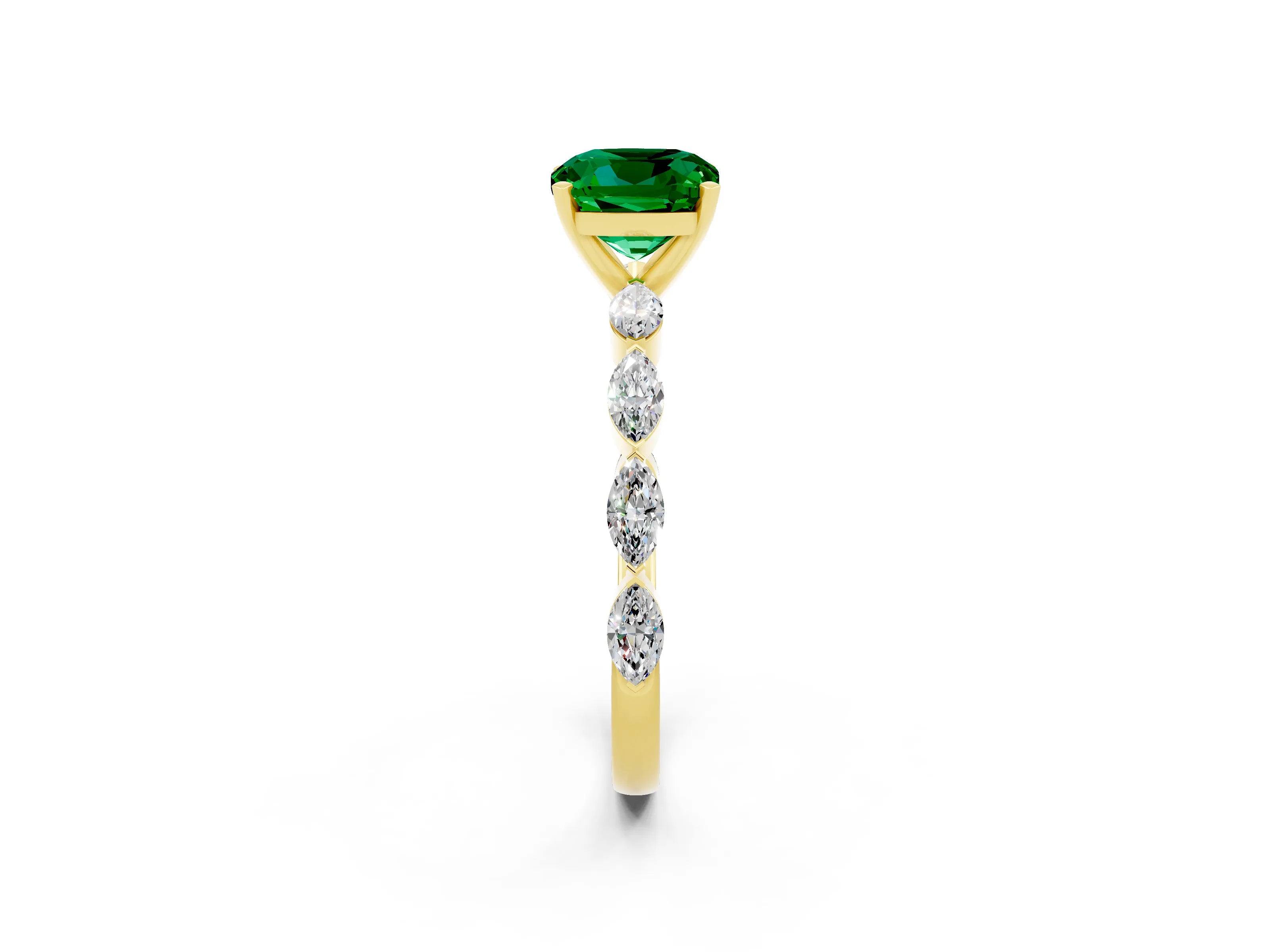 Yellow gold Cushion Cut Emerald Ring with Marquise Side Stones and Prong Setting_2